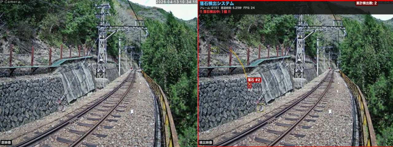 落石検出システム — 1個の落石を検出（軌跡線＋バウンディングボックス表示）
