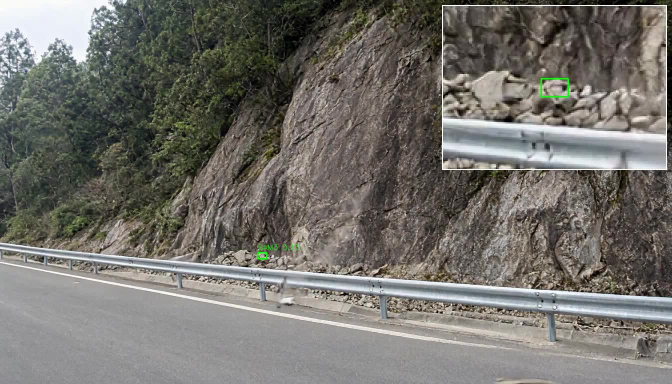 段階3：路面で静止した小石を検出枠が保持し、落点を確認